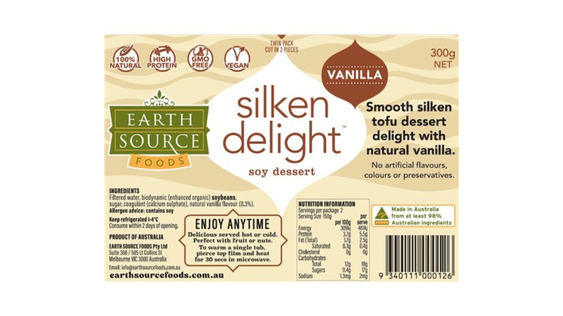 Earth Source Silken Delight Tofu Vanilla Soy Dessert 300g