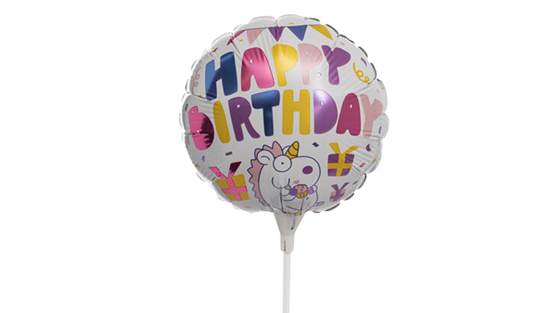 Foil Balloon 9" (22.5cmD) 'Happy Birthday' Unicorn Round White