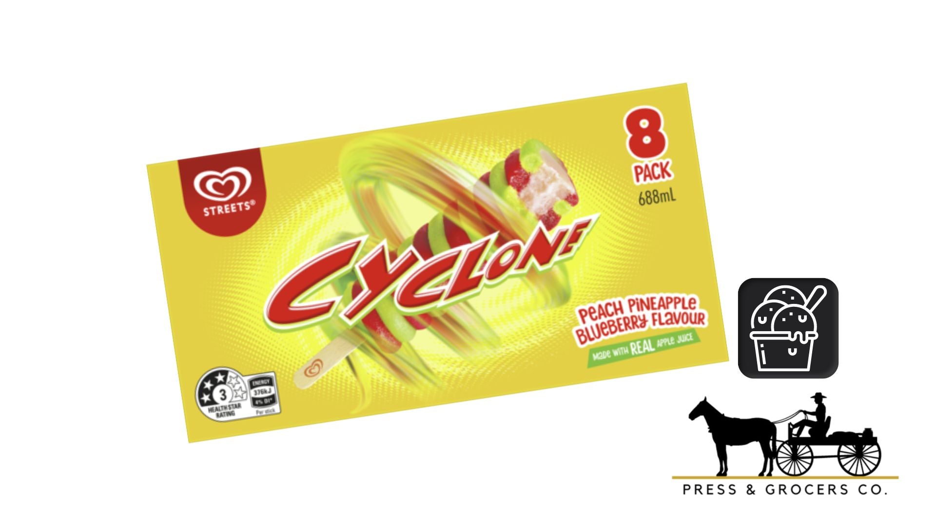Paddle Pop Cyclone Peach Pineapple Blueberry 8pk 688ml
