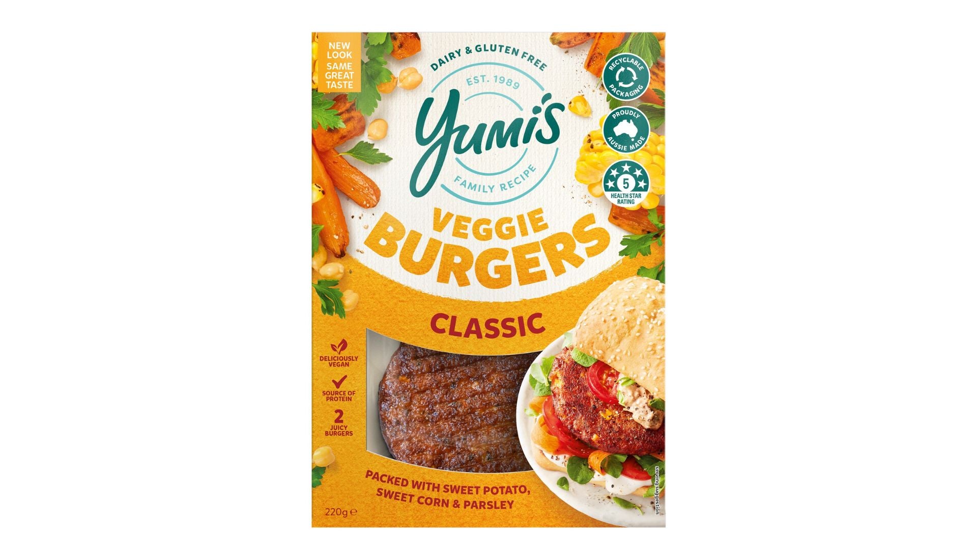 Yumi's Classic Veggie Burger Patties with Sweet Potato, Sweet Corn & Parsley 2pk 220g