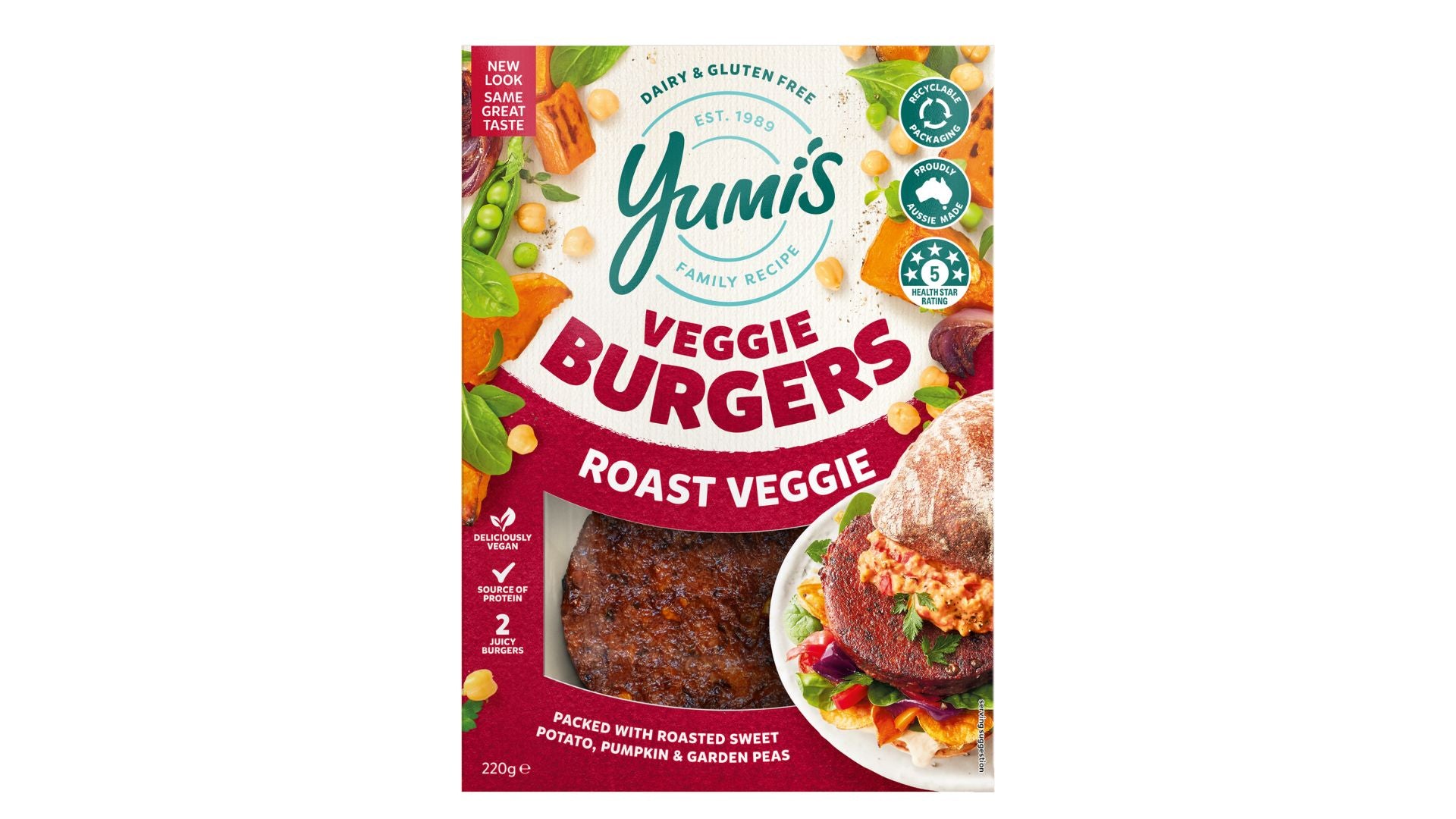 Yumi's Roasted Veggie Burger Patties with Roast Sweet Potato, Pumpkin & Peas 2pk 220g