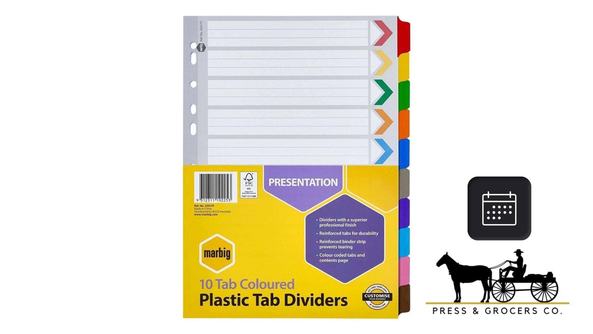 Marbig  Plastic Coloured 10 Tab Dividers Ea