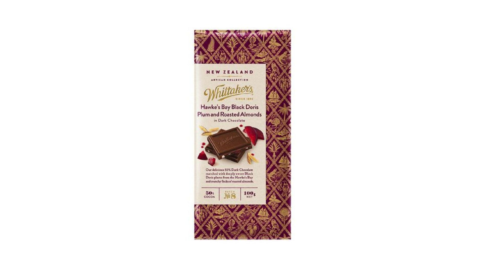 Whittaker's Hawkes Bay Black Doris Plum & Roasted Almonds Dark Chocolate Block 100g